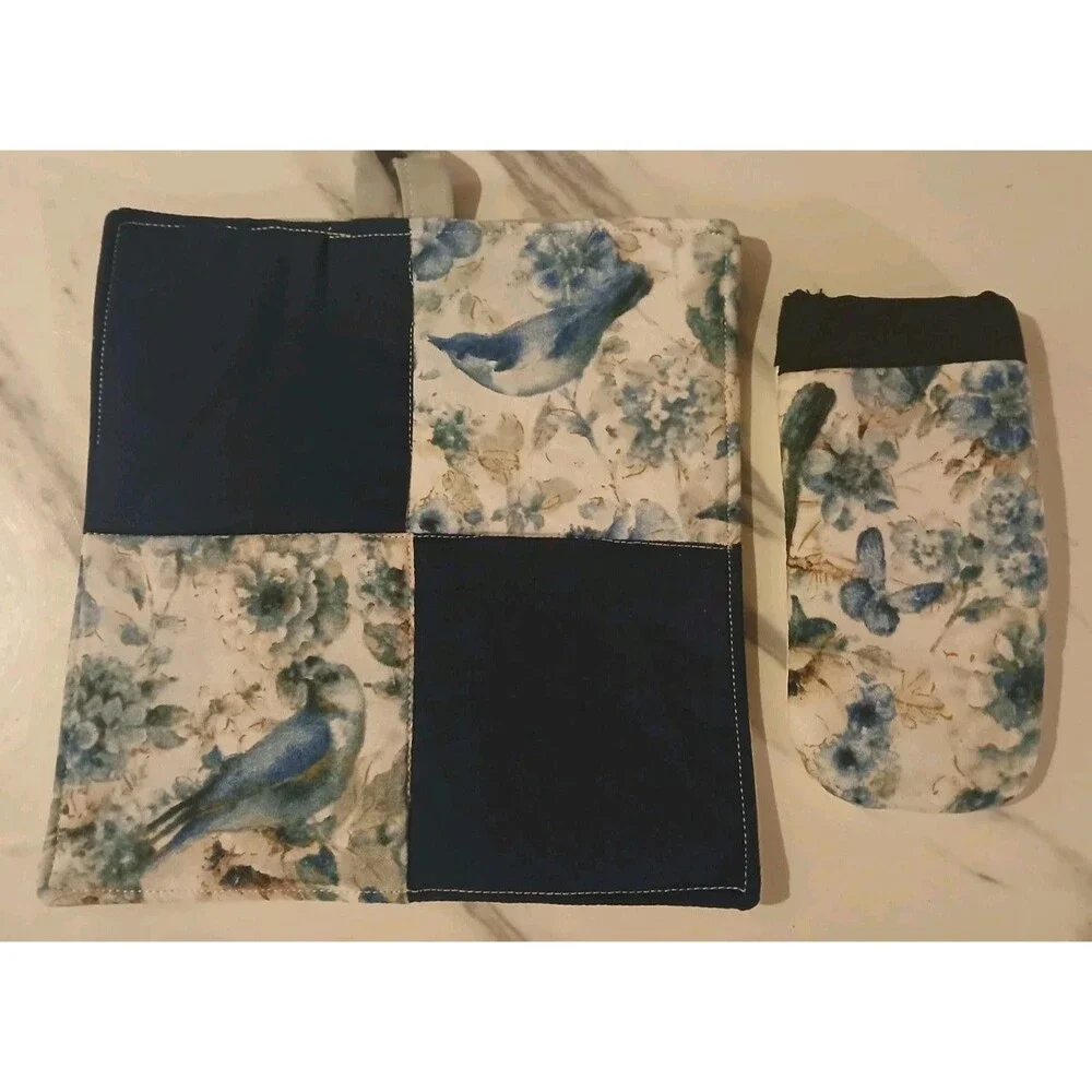 Handmade Blue Songbird Potholder Skillet Holder Set Holiday Gift